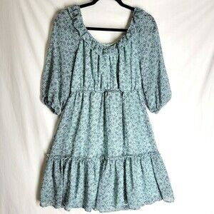 LA Threads A-Line Tiered Dress Blue Floral Scoop Neck Puff Sleeve Size Large